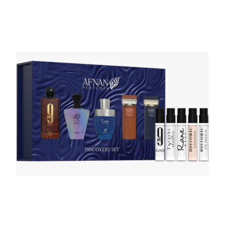 MINI SET AFNAN DISCOVERY FOR MEN  ( 5 PC )X0.068 OZ EDP SP 9PM ELIXIR/TURATHI ELECTRIC/RARE REEF/HISTORIC SAHARA/HISTORIC OLMEDA