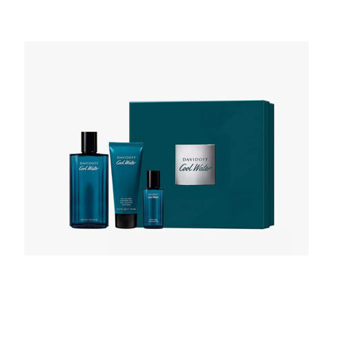 SET DAVIDOFF COOL WATER MEN ( 3 PC ) 4.2 OZ EDT SP / 2.5 OZ SG /0.50 OZ EDT SP