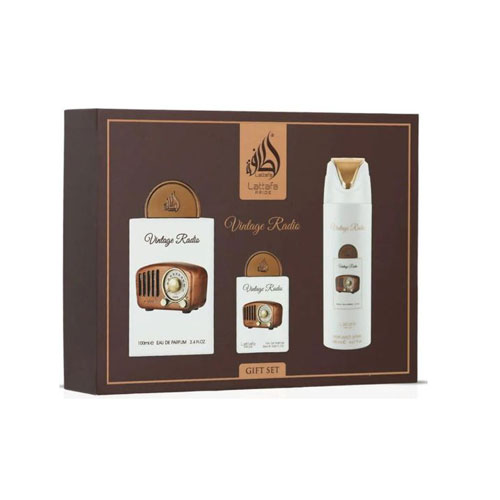 SET LATTAFA  VINTAGE RADIO UNISEX  (3 PC ) 3.4 EDP / 0.68 EDP / PERFUMED SPRAY 6.7 OZ