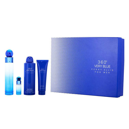SET PERRY ELLIS 360 VERY BLUE MEN ( 4 PC ) 3.4 OZ EDT SP / BODY SPR 6.8 OZ /  SHOWER GEL 3.0 S/OZ / MINI